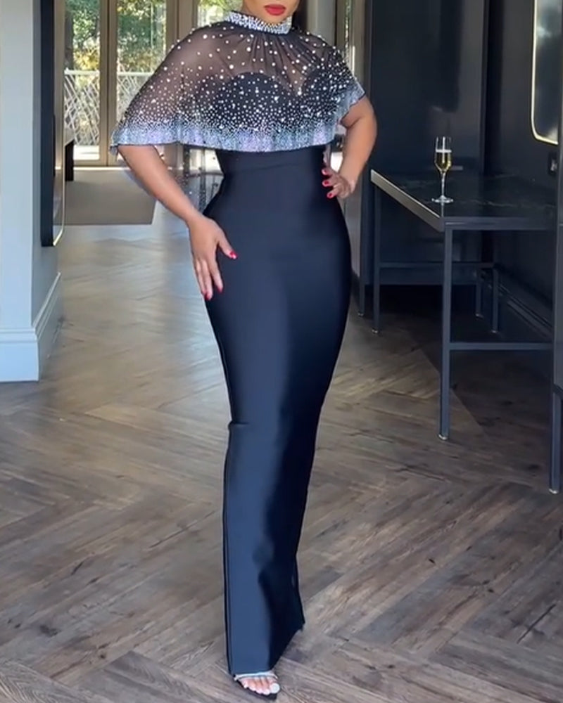 2 Pieces Outfit Detachable & Adjustable Spaghetti Straps Zipper Back Slit Slim Fit Maxi Dress and Rhinestone & Pearls Decor High Neck Zipper Back Sheer Mesh Poncho Cape
