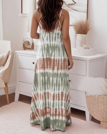 Faith Letter & Tie Dye Print U-Neck Adjustable Spaghetti Straps Maxi Dress Casual Backless Loose Fit Cami Dress