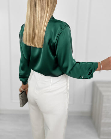 Women's Satin Tie Neck Blouse Elegant Roll Up Long Sleeve Shirt Work Blouse