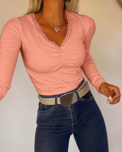 CHICMELIVE Women Lace Long Sleeve Top V Neck Fitted Shirts Fall Blouses