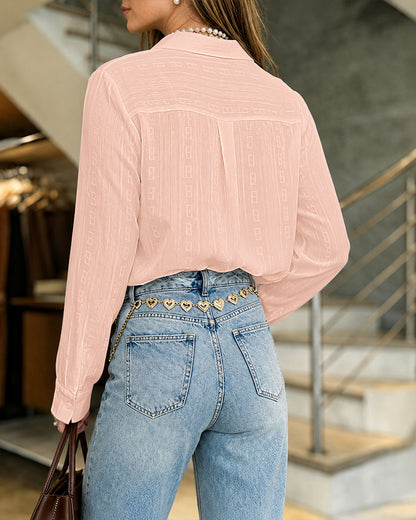 Women's Casual Button Down Shirt Textured Jacquard Chiffon Blouse Long Sleeve Top