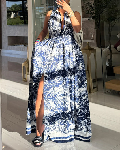 Vintage Ink Print Turn-down Collar Sleeveless Butto Front Maxi Dress Casual Zipper Back Tie Waist Side High Slit Vacation Dress with Belt