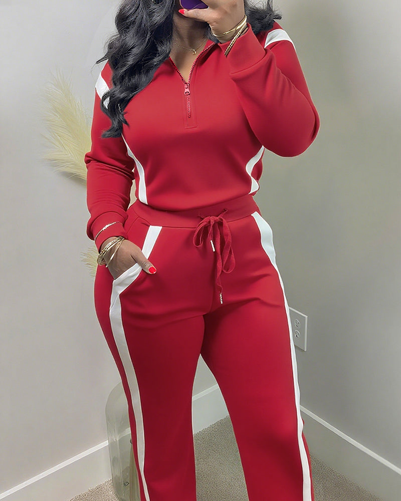 2 Pieces Outfit Half Zip Long Sleeve Top and Drawstring Elastic Waist Pants Set Casual Contrast Paneled Side Set