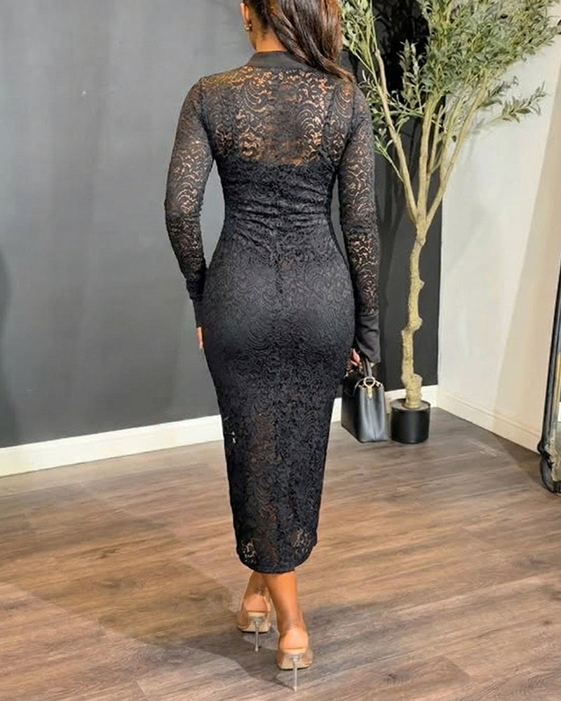 ChicMeLive Women's Stand Collar Floral Lace Mid-length Dress Long Sleeve Button Down Bodycon Dress with Cami Lining Set