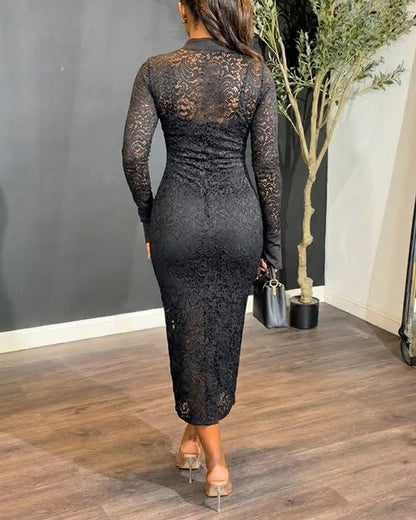 ChicMeLive Women's Stand Collar Floral Lace Mid-length Dress Long Sleeve Button Down Bodycon Dress with Cami Lining Set