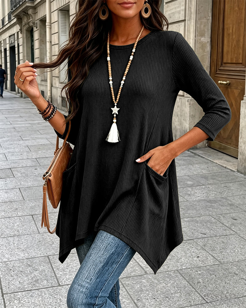CHICMELIVE Womens 3/4 Sleeve Ribbed Tunic Asymmetrical Hem Loose Top
