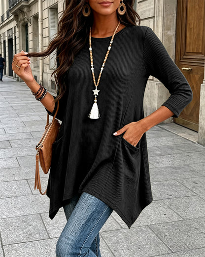 CHICMELIVE Womens 3/4 Sleeve Ribbed Tunic Asymmetrical Hem Loose Top