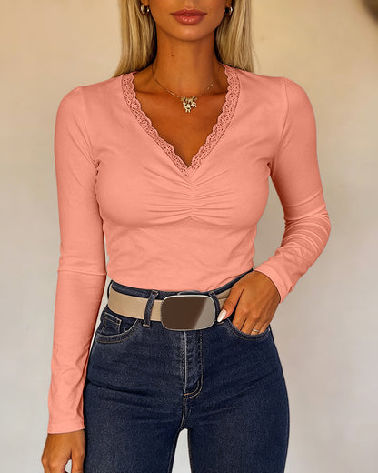 CHICMELIVE Women Lace Long Sleeve Top V Neck Fitted Shirts Fall Blouses