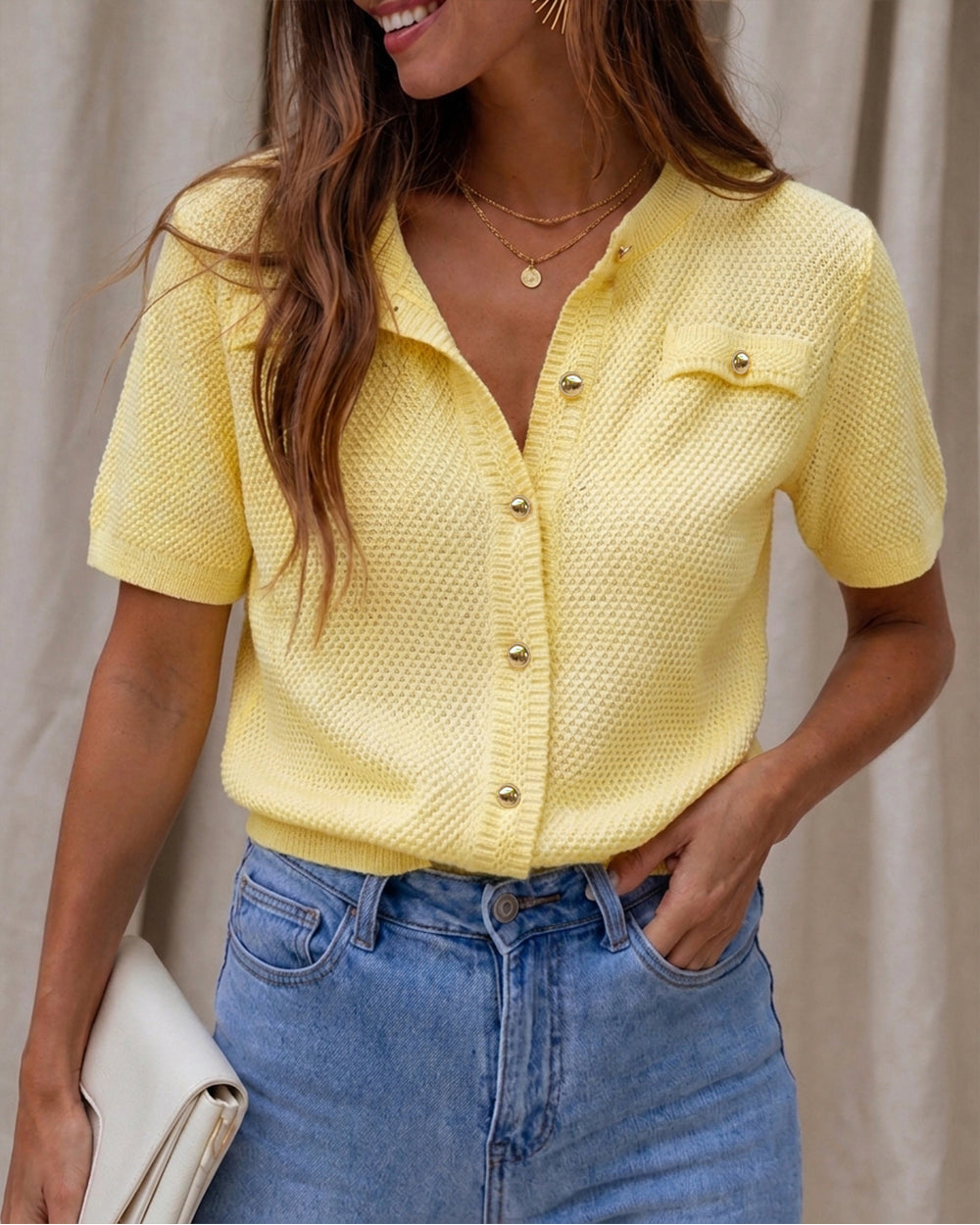 Women's Hollow Out Knit Cardigan Short Sleeve Gold Button Sweater Casual Loose Knitwear Top