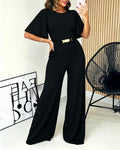 Women's Elegant Wide-Leg Jumpsuit Butterfly Sleeve Romper Gold Detail High Waist Overalls with Pockets