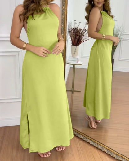 Halter Sleeveless Backless Maxi Dress Casual Shirred Back Side Slit Vacation Dress