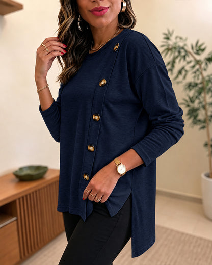 CHICMELIVE Womens Long Sleeve Tops with Buttons Dressy Casual Crewneck Shirts