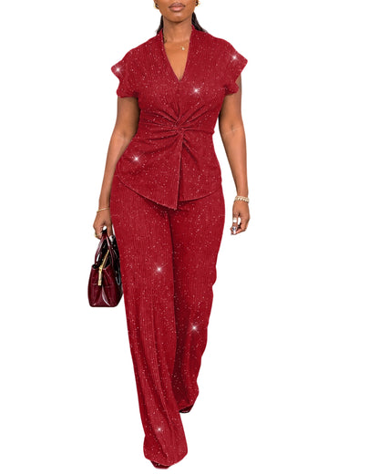 CHICMELIVE Women's 2 Piece Outfits Glitter Twist Top Wide Leg Pants Set