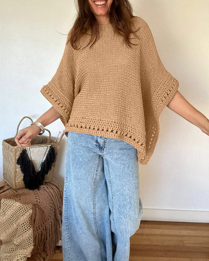 Solid Batwing Sleeve Hollow-out Crochet Pattern Top Casual Cover Up