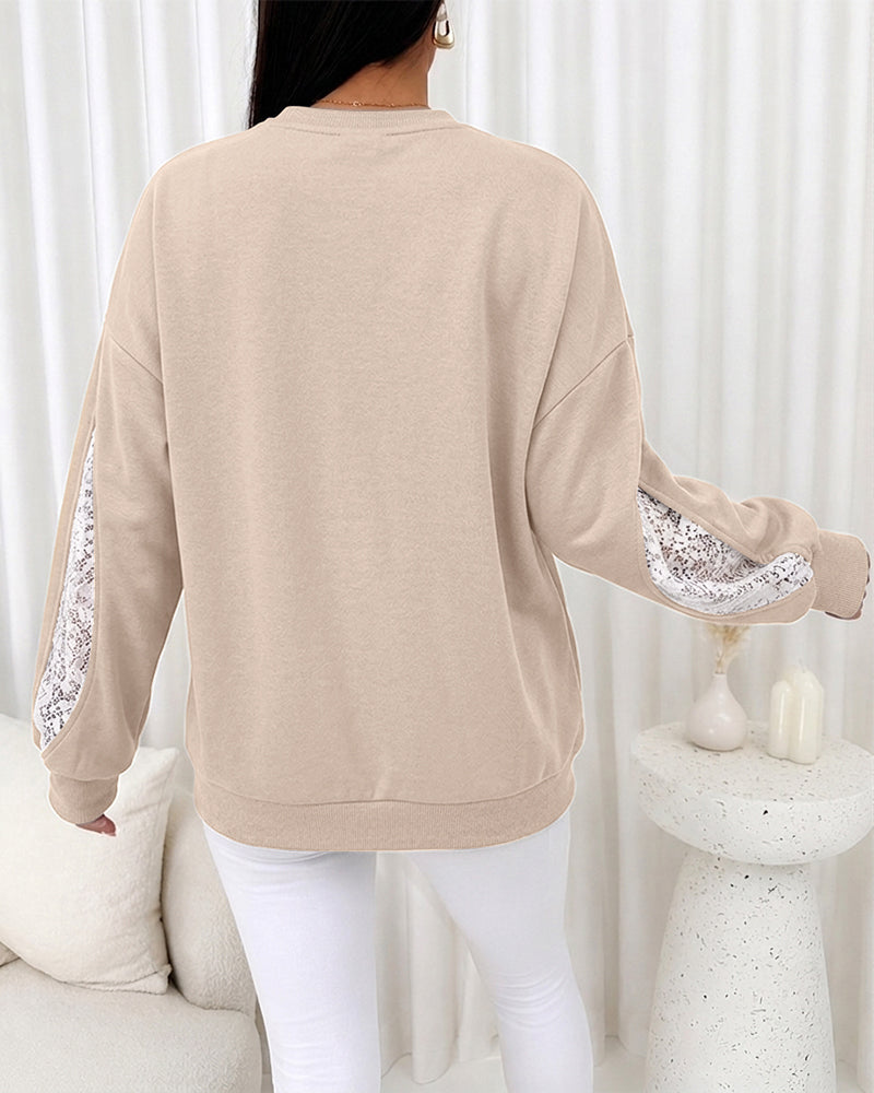 CHICMELIVE Oversized Sweatshirt for Women Lace Sleeve Cutout Fall Pullover