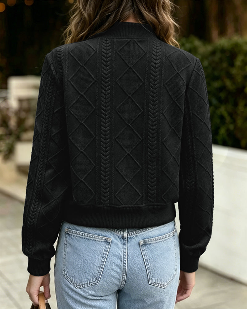 Women's Vintage Argyle Cable Knit Bomber Jacket Elegant Baseball Collar Button Down Cropped Coat with Flap Pockets
