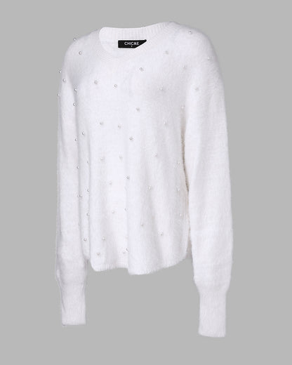 V-Neck Long Sleeve Beaded Decor Oversized Sweater Fluffy Pullover Top