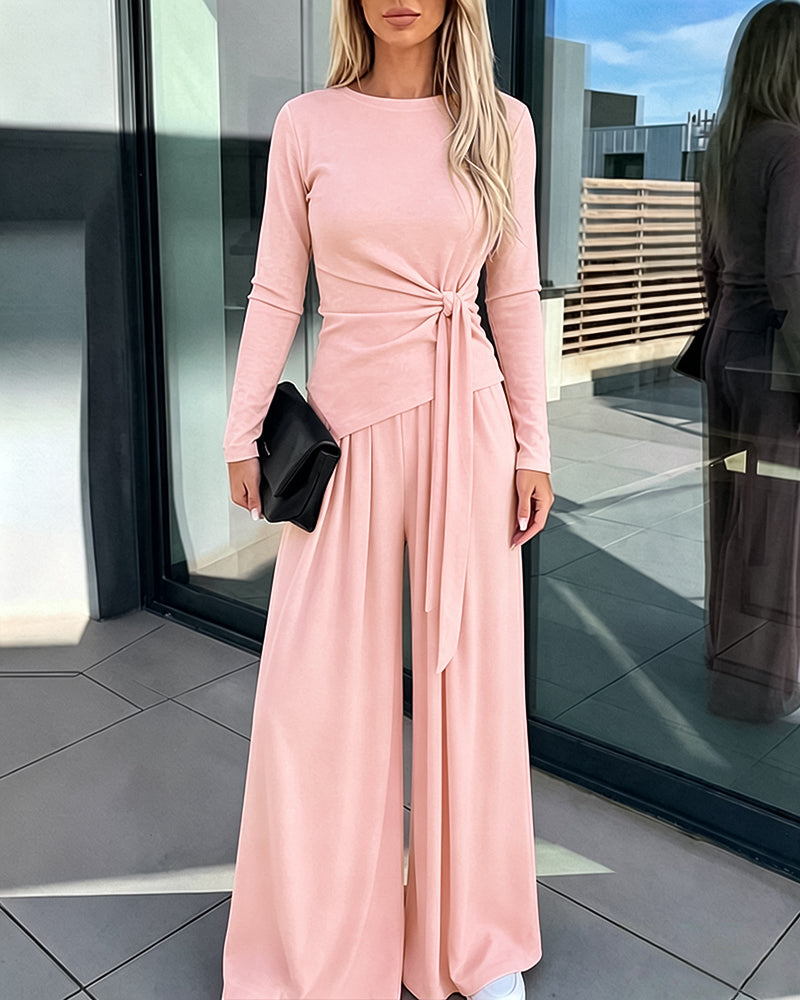 Women's 2 Piece Knit Lounge Set Long Sleeve Tie Waist Top and High Waisted Wide Leg Pants Casual Soft Sweatsuit with Pockets