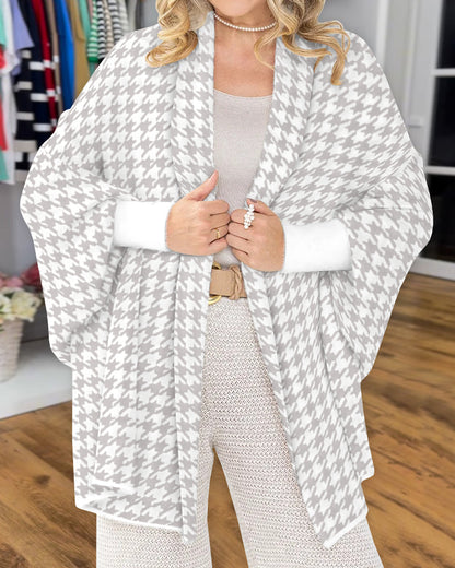 Houndstooth Print Versatile Loose Fit Sweater Coat Casual Warm Cape Shawl