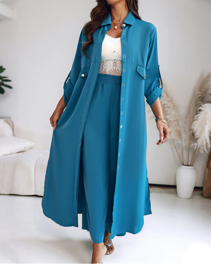 2 Pieces Outfit Turn-down Collar Turn-Up Sleeves Button Front Asymmetrical Hem Longline Blouse and Casual Elastic Waist Wide Leg Pants Set