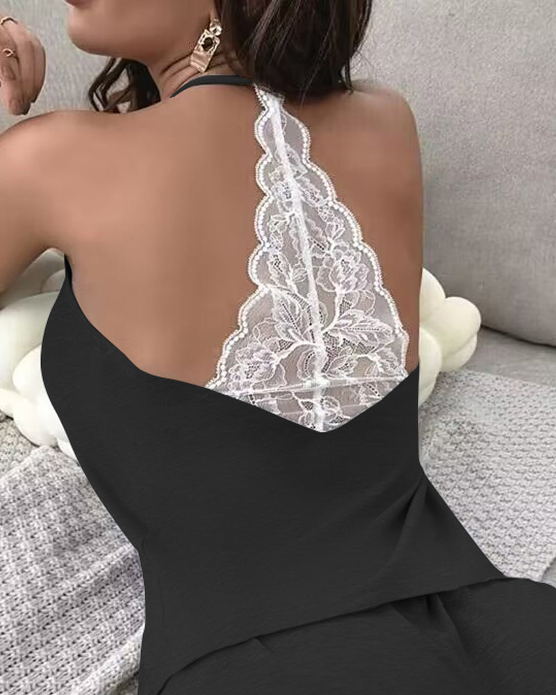 Crochet Lace Trim Backless Cami Top and Shorts Set Pajams Set Sleepwear