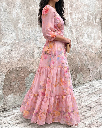 ChicMeLive Women's Watercolor Floral V-Neck Shirred High Waist Maxi Dress Three Quarters Lantern Sleeve A-Line Ruffle Hem Chiffon Vacation Dress