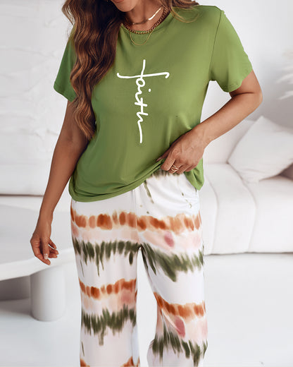 2 Pieces Outfit Letter print Round Neck Short Sleeve Top and Tie Dye Print Elastic Waist Loose Fit Pants Set Casual Pajamas Set
