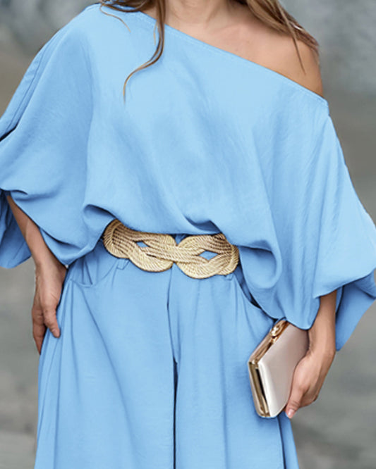 Skew Neck Lantern Sleeve Loose Top & Zipper Fly Wide Leg Pants Set without Belt