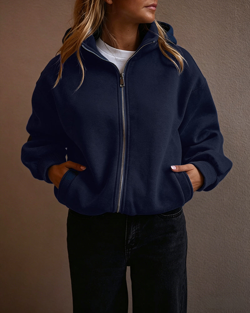 Women's Two-Way Zipper Front Stretchy Hem Coat Stand Collar Drop Shoulder Sweatshirt with Pockets