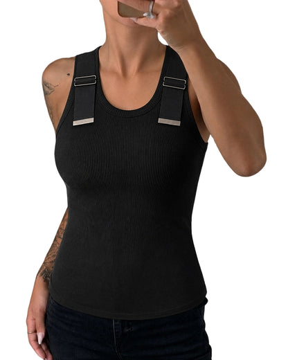 CHICMELIVE Women's Buckle Decor Ribbed Tank Tops Cami Shirts