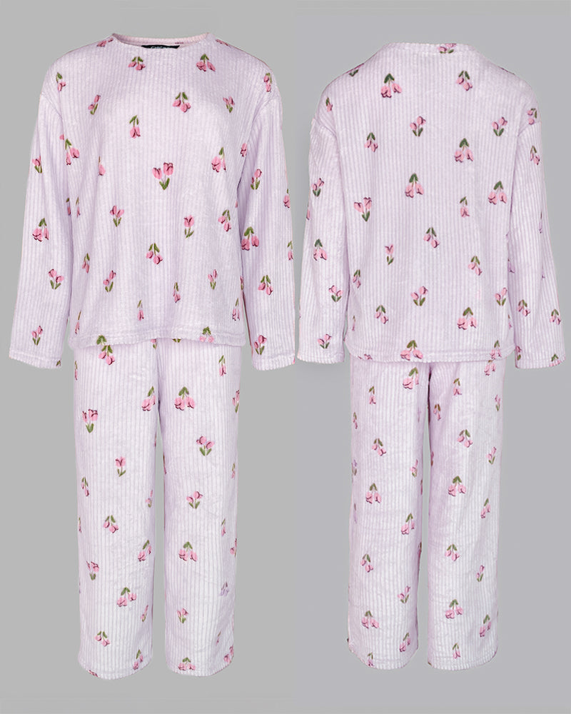 2 Pieces Outfit Floral Print Round Neck Drop Shoulder Top and Elastic Waist Pants Set Casual Ribbed Flannel Pajamas Set