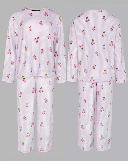 2 Pieces Outfit Floral Print Round Neck Drop Shoulder Top and Elastic Waist Pants Set Casual Ribbed Flannel Pajamas Set