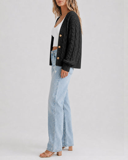 Women's Cable Knit Cardigan V Neck Button Down Chunky Knit Sweater Loose Lantern Sleeve Warm Outerwear