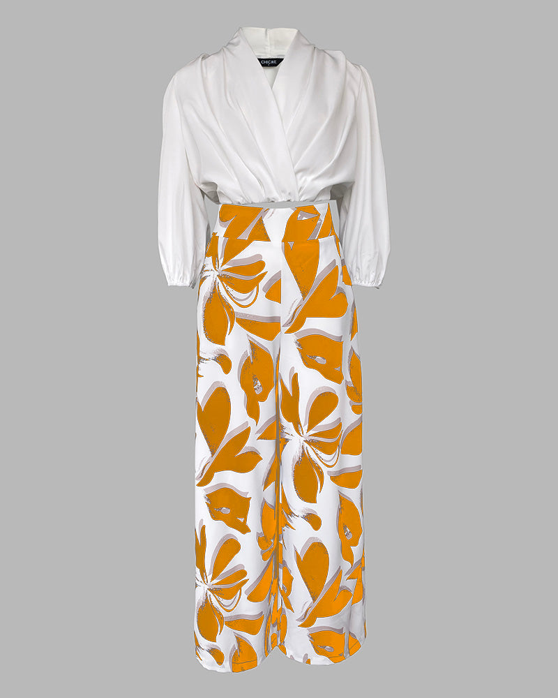 2 Pieces Outfit Wrap Plunge V Neck Crop Blouse and Casual Floral Print Wide Leg Pants Set