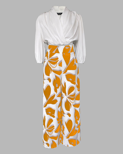 2 Pieces Outfit Wrap Plunge V Neck Crop Blouse and Casual Floral Print Wide Leg Pants Set
