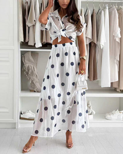 2 Pieces Outfit Turn-down Collar Short Sleeve Rolled Cuffs Button Front Shirt and Elastic Waist Skirt Set Casual Polka Dot Print Set with Lining