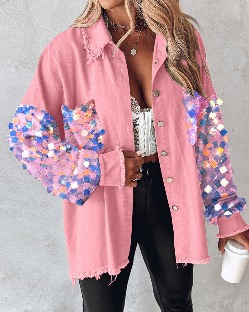 Contrast Sequin Long Sleeve Jacket Top Button Front Raw Hem Loose Fit Shacket