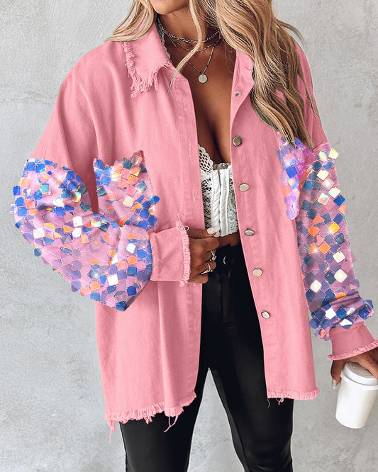Contrast Sequin Long Sleeve Jacket Top Button Front Raw Hem Loose Fit Shacket