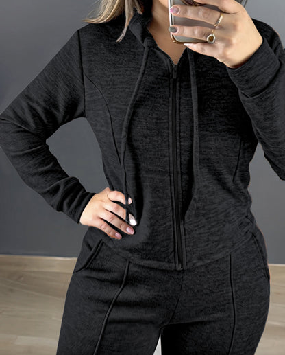 2 Pieces Outfit Long Sleeve Zip Up Drawstring Hoodie Coat and Casual Elastic Waist Seam Front Wide Leg Pants Set