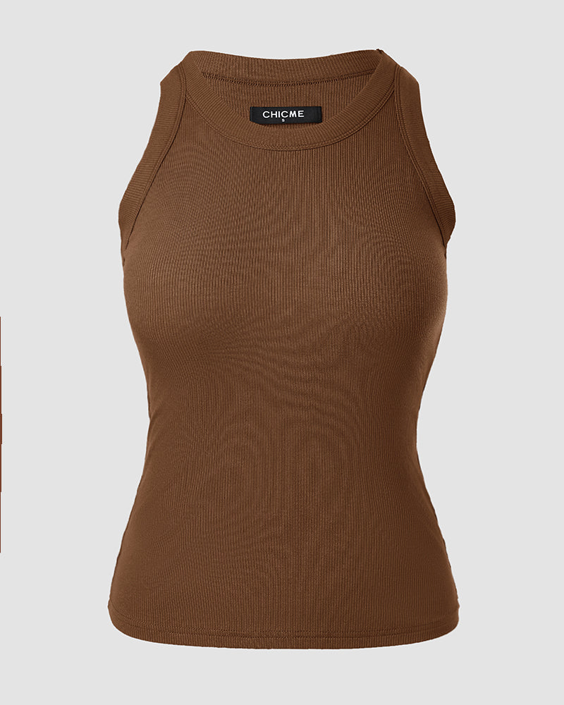 ChicMeLive Built-in Bra Ribbed Round Neck Tank Top