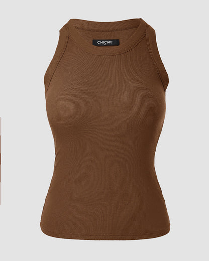 ChicMeLive Built-in Bra Ribbed Round Neck Tank Top