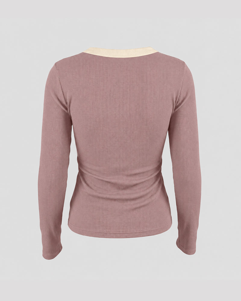 CHICMELIVE Women's Ribbed Long Sleeve Shirts Contrast Crewneck Fitted Basic Tee