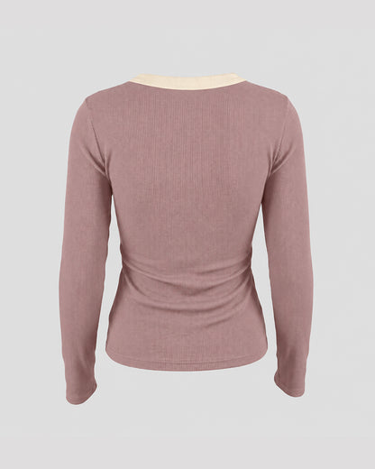 CHICMELIVE Women's Ribbed Long Sleeve Shirts Contrast Crewneck Fitted Basic Tee