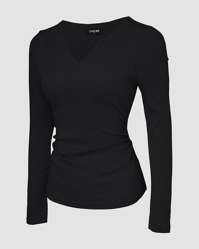 ChicMe Built-in Bra Notch Neck Long Sleeve Shirts Rib-Knit Ruched Waist Top
