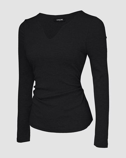 ChicMe Built-in Bra Notch Neck Long Sleeve Shirts Rib-Knit Ruched Waist Top