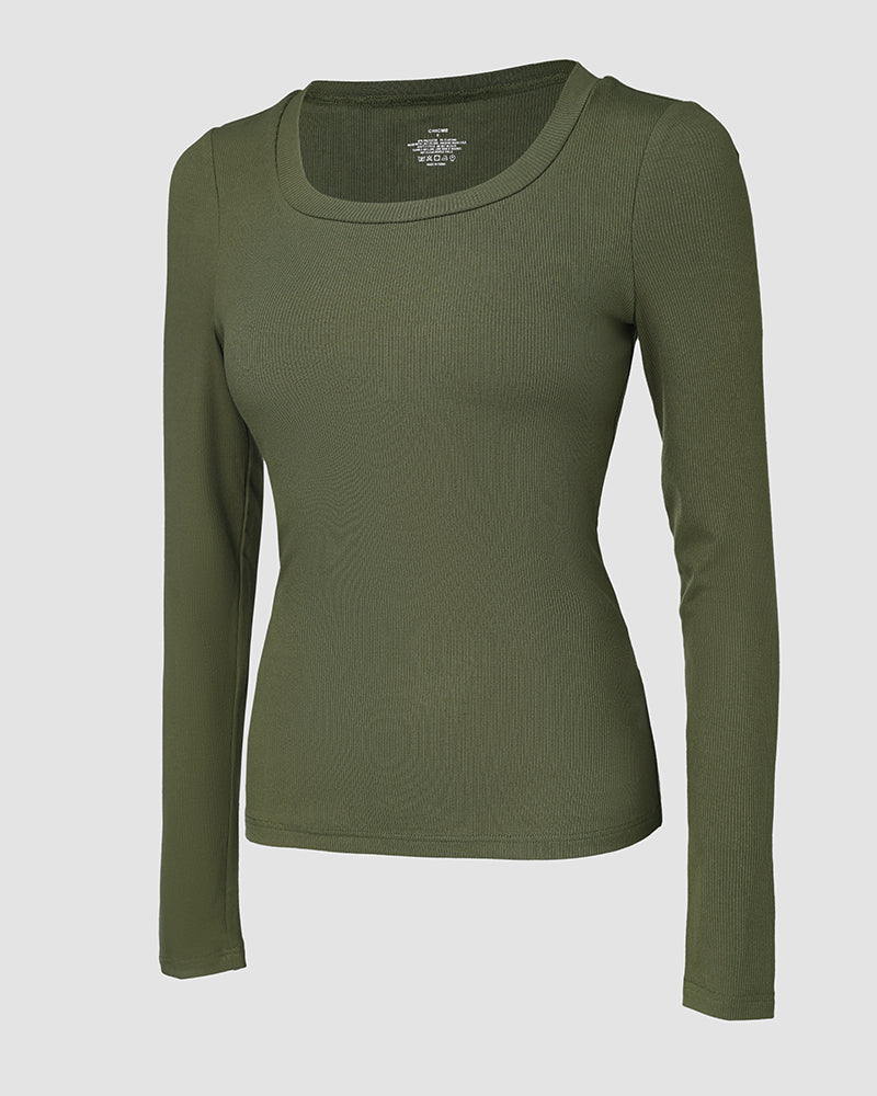 ChicMe Built-in Bra U-Neck Long Sleeve Ribbed Top