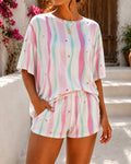 Women's 2 Piece Stripe Heart Star Pajamas Set Convertible Shoulder Loose Half Sleeve Top and Shorts Set Casual Loungewear