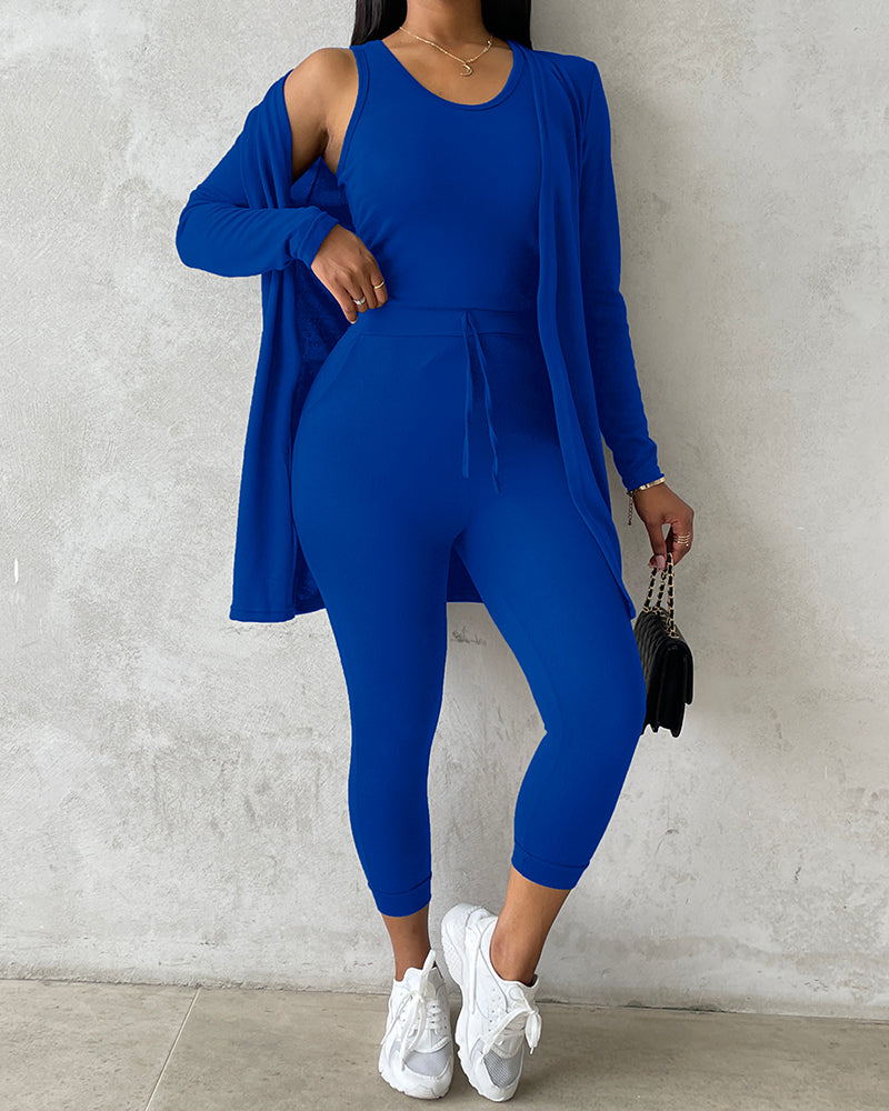 3 Piece Lounge Set Crewneck Sleeveless Tank Top Long Sleeve Open Front Coat Pants Sweatsuit