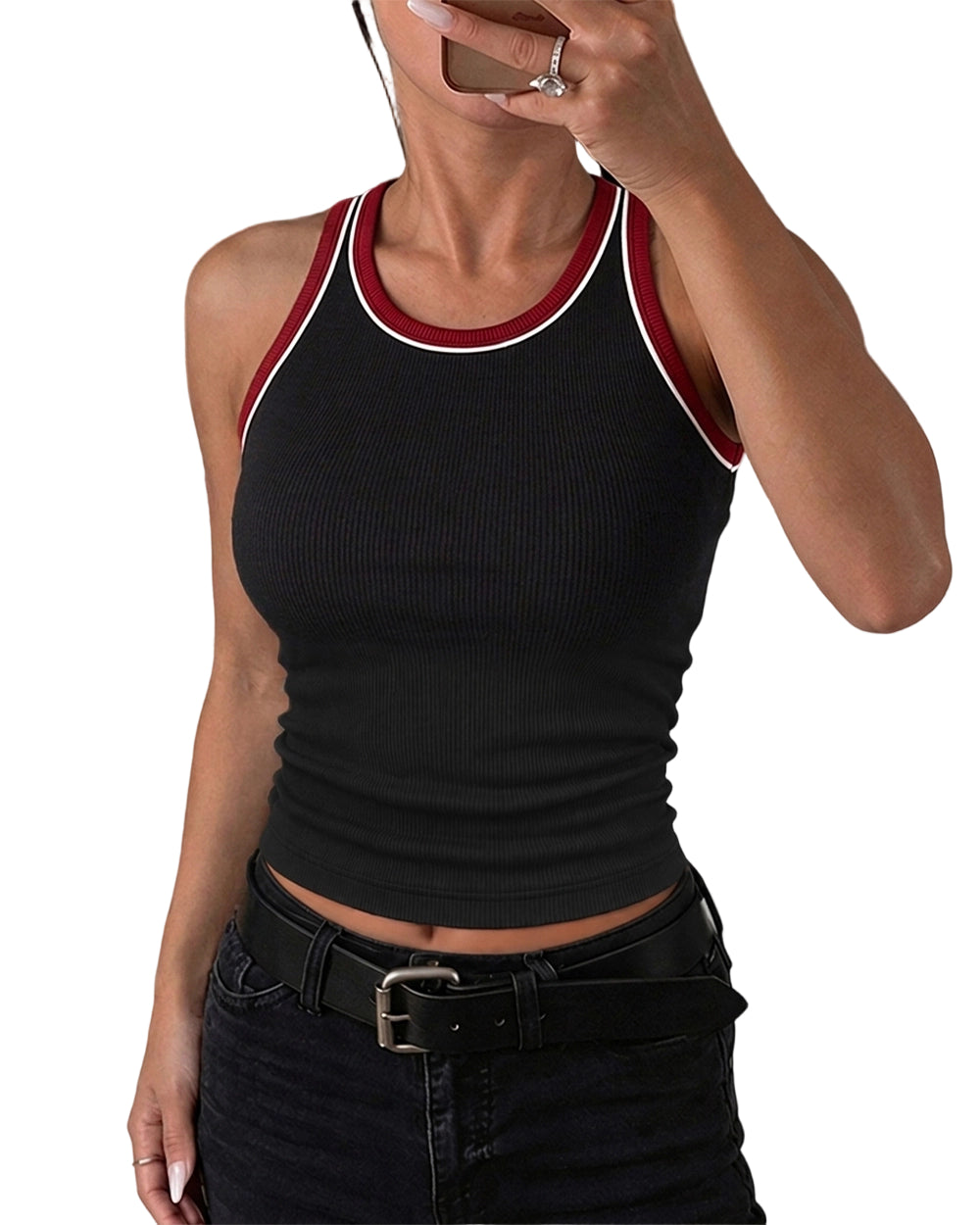 CHICMELIVE Womens Tank Tops Contrast Trim High Neck Ribbed Racerback Shirt