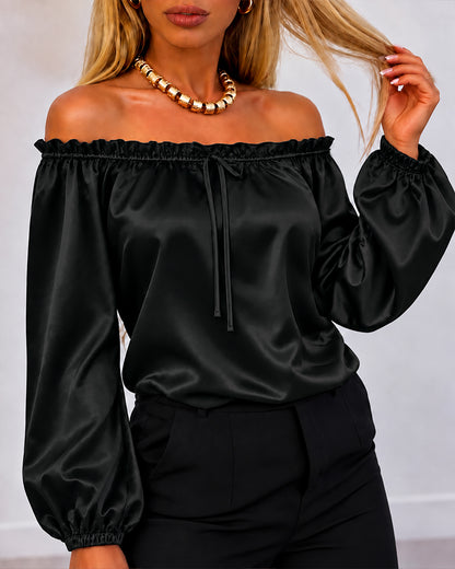 CHICMELIVE Off Shoulder Satin Tops Women Ruffle Tie Front Blouse